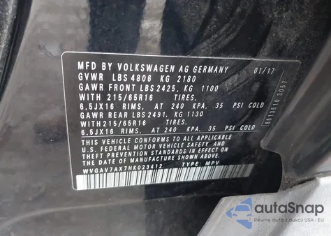 2017 Volkswagen Tiguan 2.0T/2.0T S из США, поврежденный, VIN WVGAV7AX7HK023412